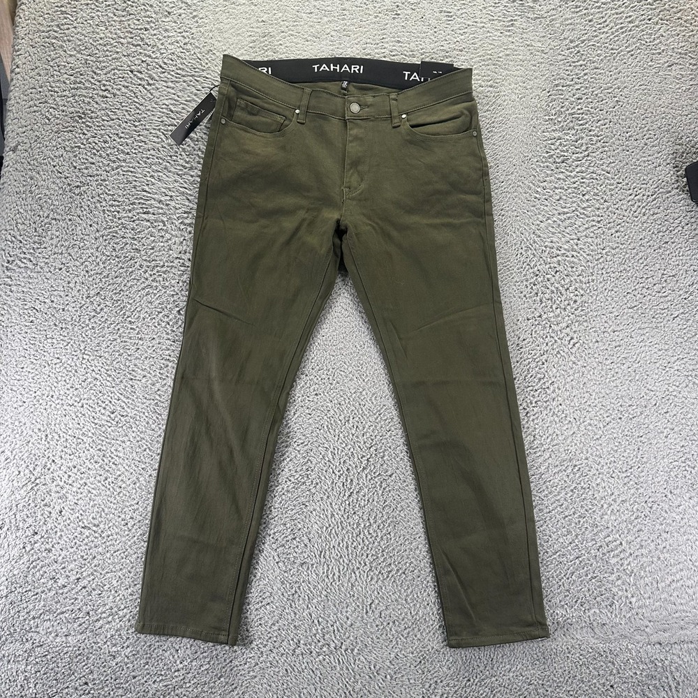Tahari Pant Mens 34x30 Green Cotton Chino Skinny Business Preppy Career Stretch